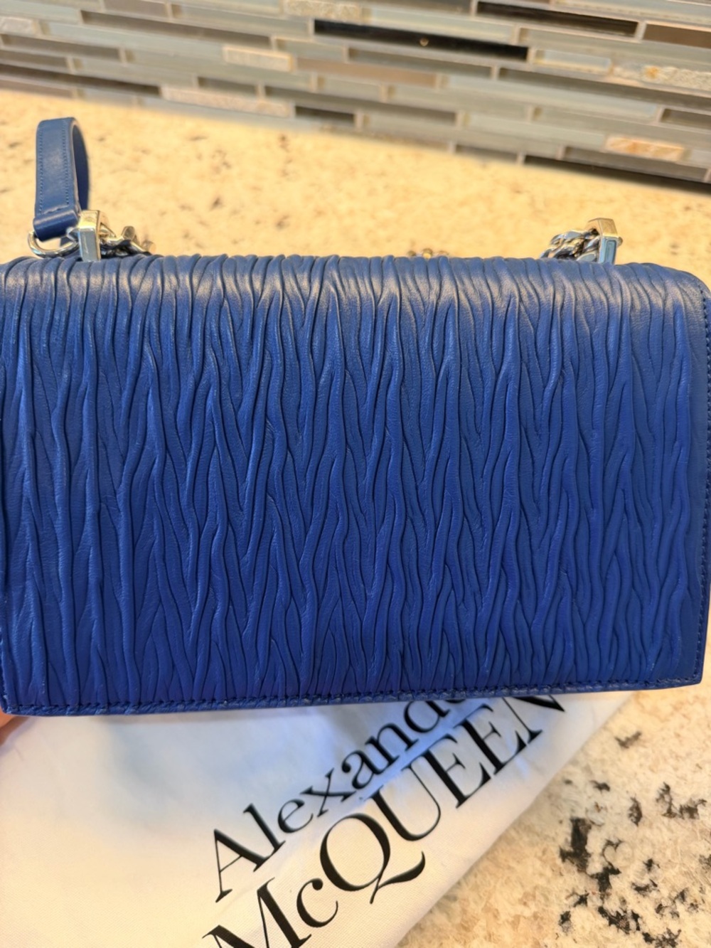 Alexander McQueen Royal Blue Leather Shoulder Bag with Silver Chain - Picture 5 of 10